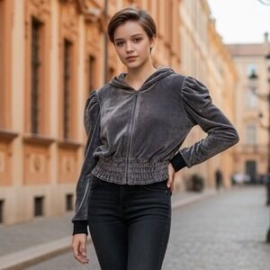 Roma Concept By Rosee Gray Velveteen Hoodie Zip Love Size Jr. Large Women's NWT‎